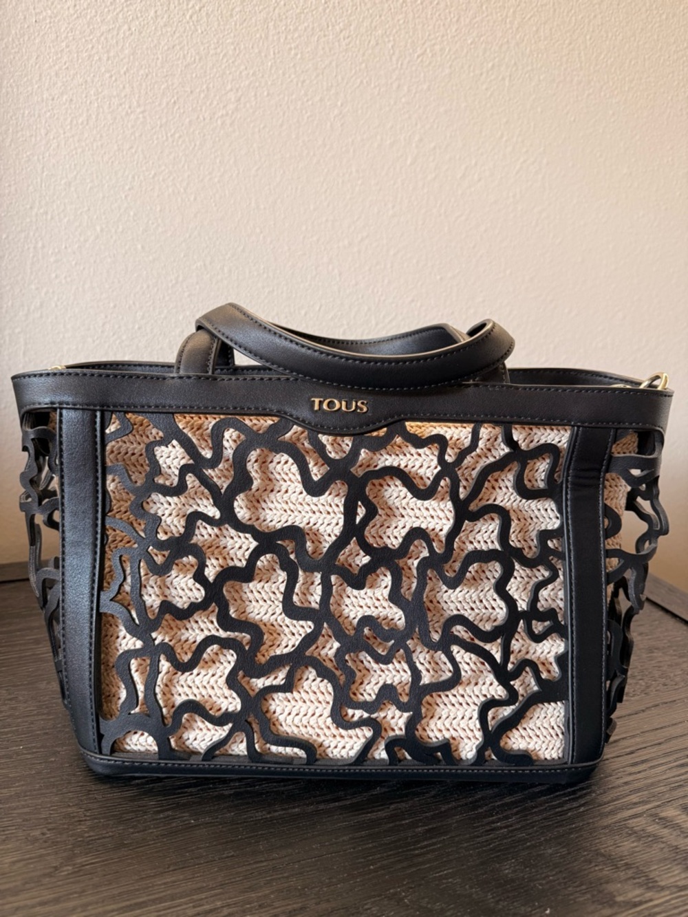 TOUS Black and Cream Cutout Raffia Tote